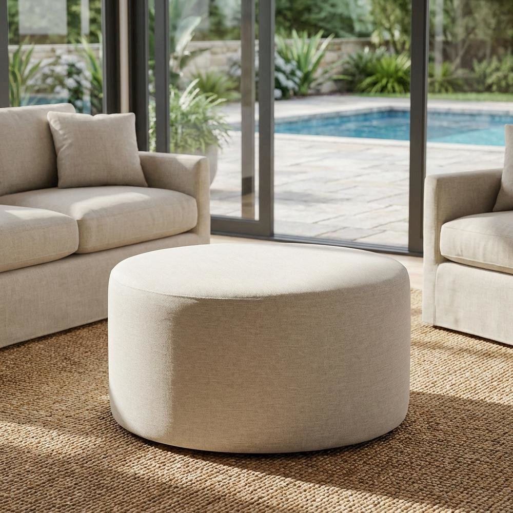 Round Heathered Fabric Upholstered Ottoman for Outdoor Spaces. Picture 3