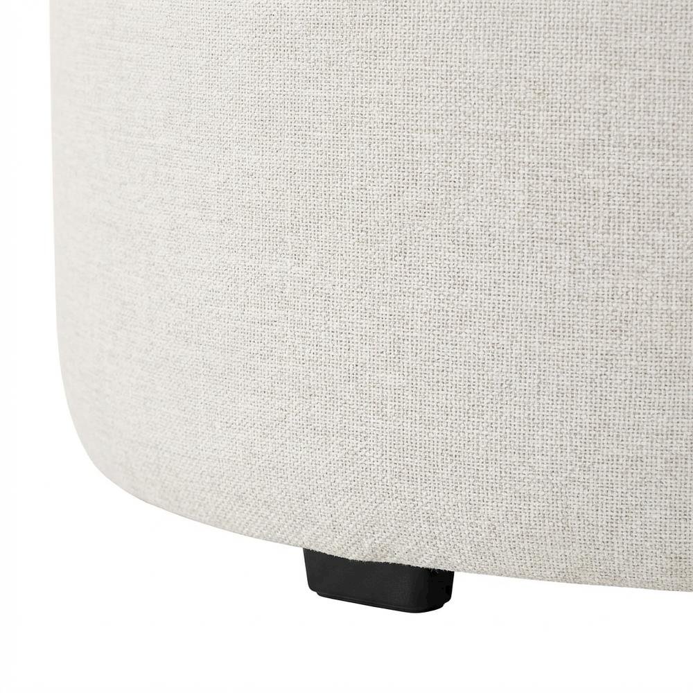Round Heathered Fabric Upholstered Ottoman for Outdoor Spaces. Picture 6