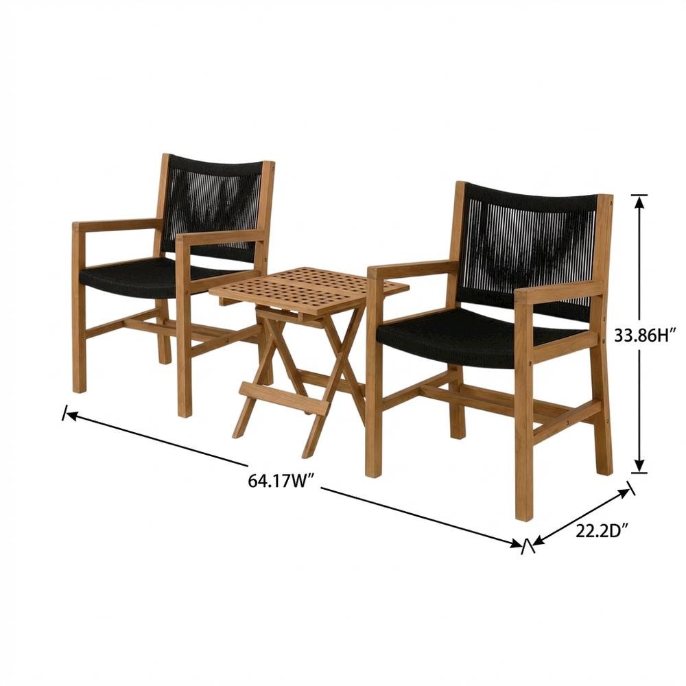 3-Piece Outdoor Patio Teak And Rope Armchair Set With Folding Side Table. Picture 7