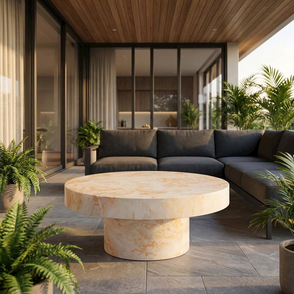 Round Concrete Outdoor Coffee Table With Weather-Resistant Design. Picture 2