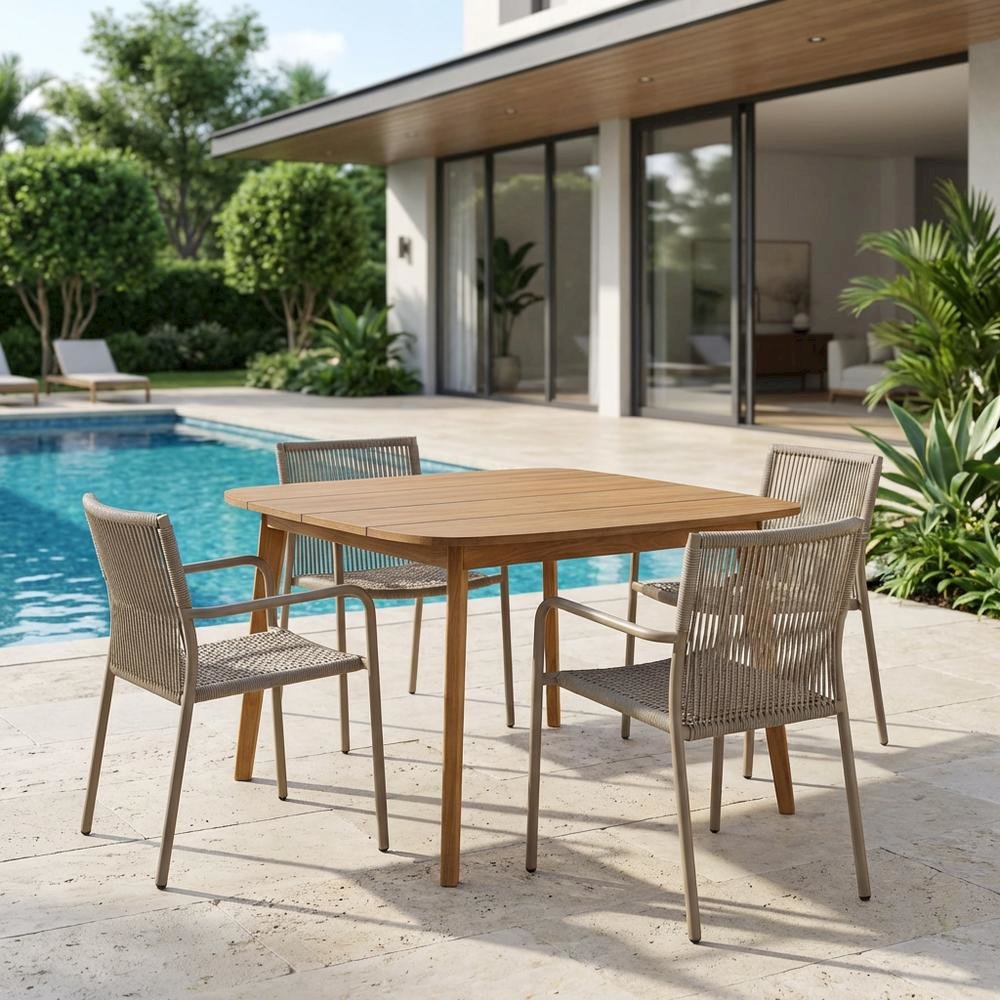 Square Outdoor Dining Table In Teak Wood, Spacious, Weather-Resistant Design. Picture 3