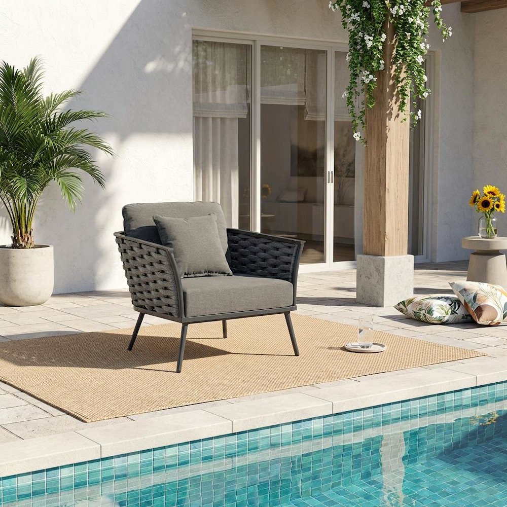 Outdoor Patio Aluminum Armchair With Cushioned Seat And Armrests. Picture 2