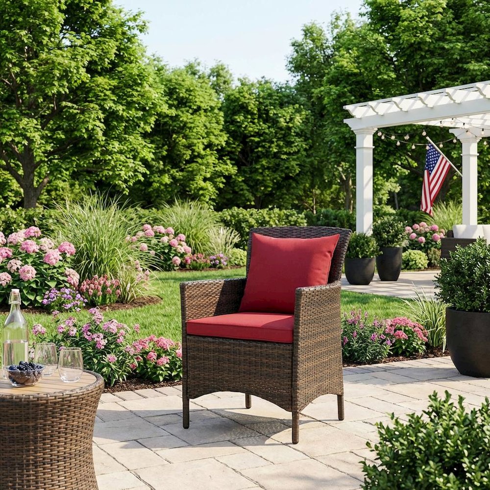 Outdoor Patio Wicker Rattan Lounge Armchair With Armrests And Cushioned Seat. Picture 3