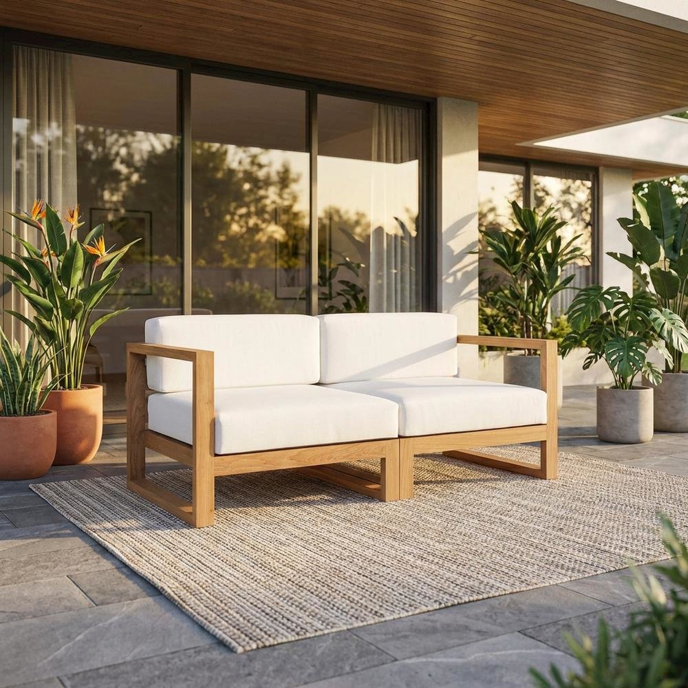 Outdoor Patio Teak Wood Sectional Sofa Loveseat with Armrests. Picture 2