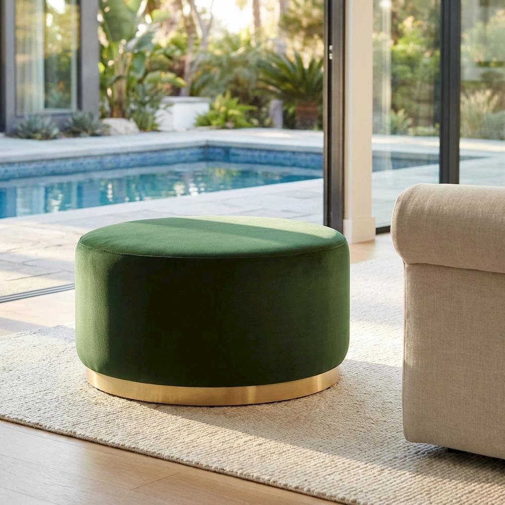 Performance velvet round ottoman with plush upholstery and modern design. Picture 3