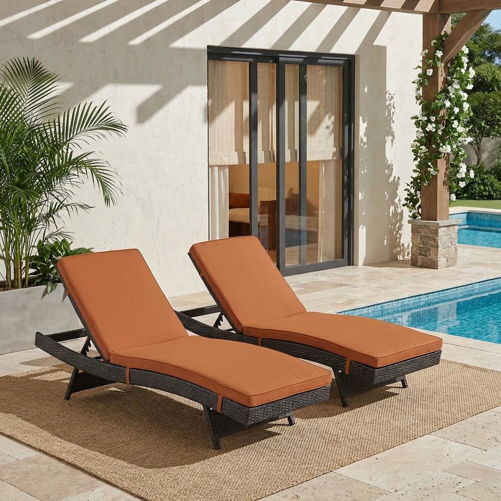 Outdoor Patio Chaise Set Of 2 With Cushioned Lounge Chairs For Garden, Poolside. Picture 2