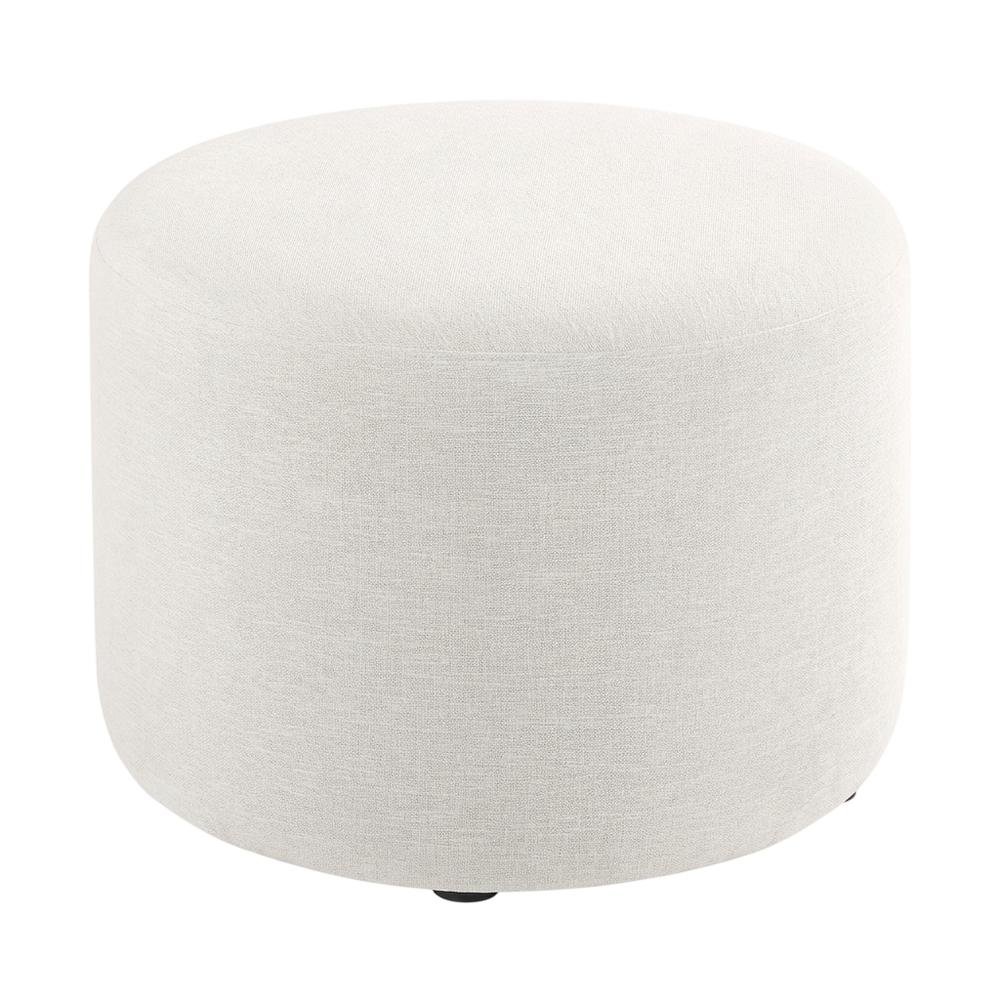 Woven Heathered Fabric Outdoor Ottoman with Cushioned Top in Neutral Tone. Picture 1