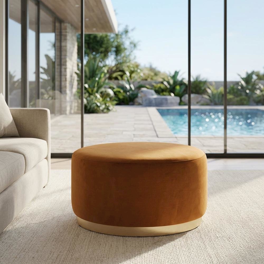 Performance velvet outdoor ottoman with round design and cushioned top. Picture 3