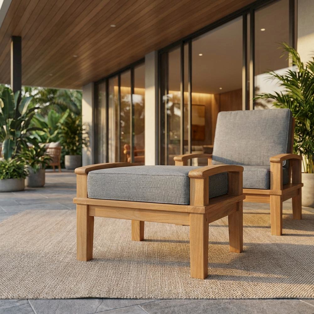 Teak Outdoor Ottoman With Cushioned Seat For Patio Lounging. Picture 2
