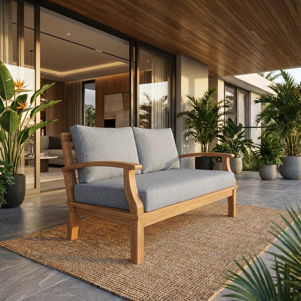 Outdoor Patio Teak Right-Facing Sofa With Cushioned Seat And Armrests. Picture 2