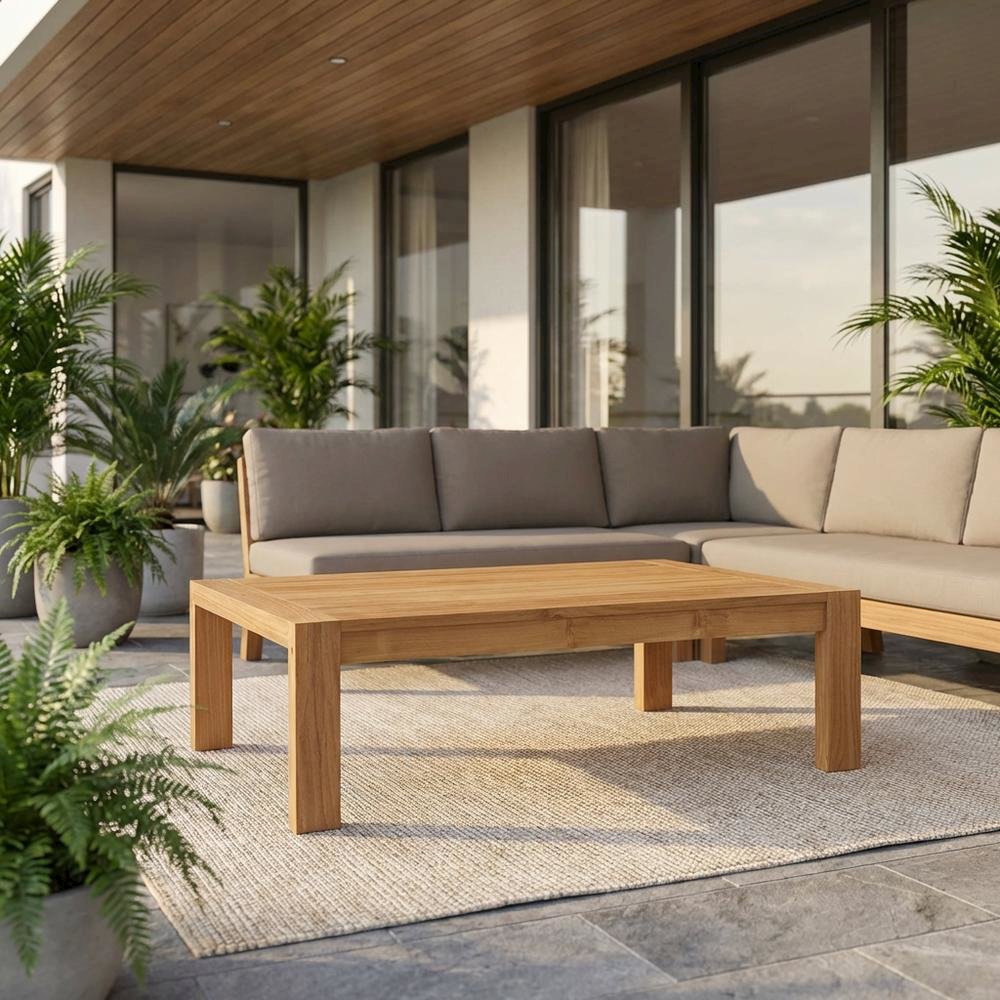 Outdoor patio wood coffee table with sturdy design and classic finish. Picture 2