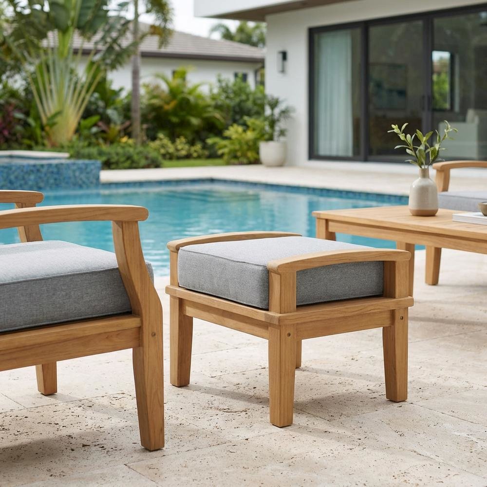 Teak Outdoor Ottoman With Cushioned Seat For Patio Lounging. Picture 3