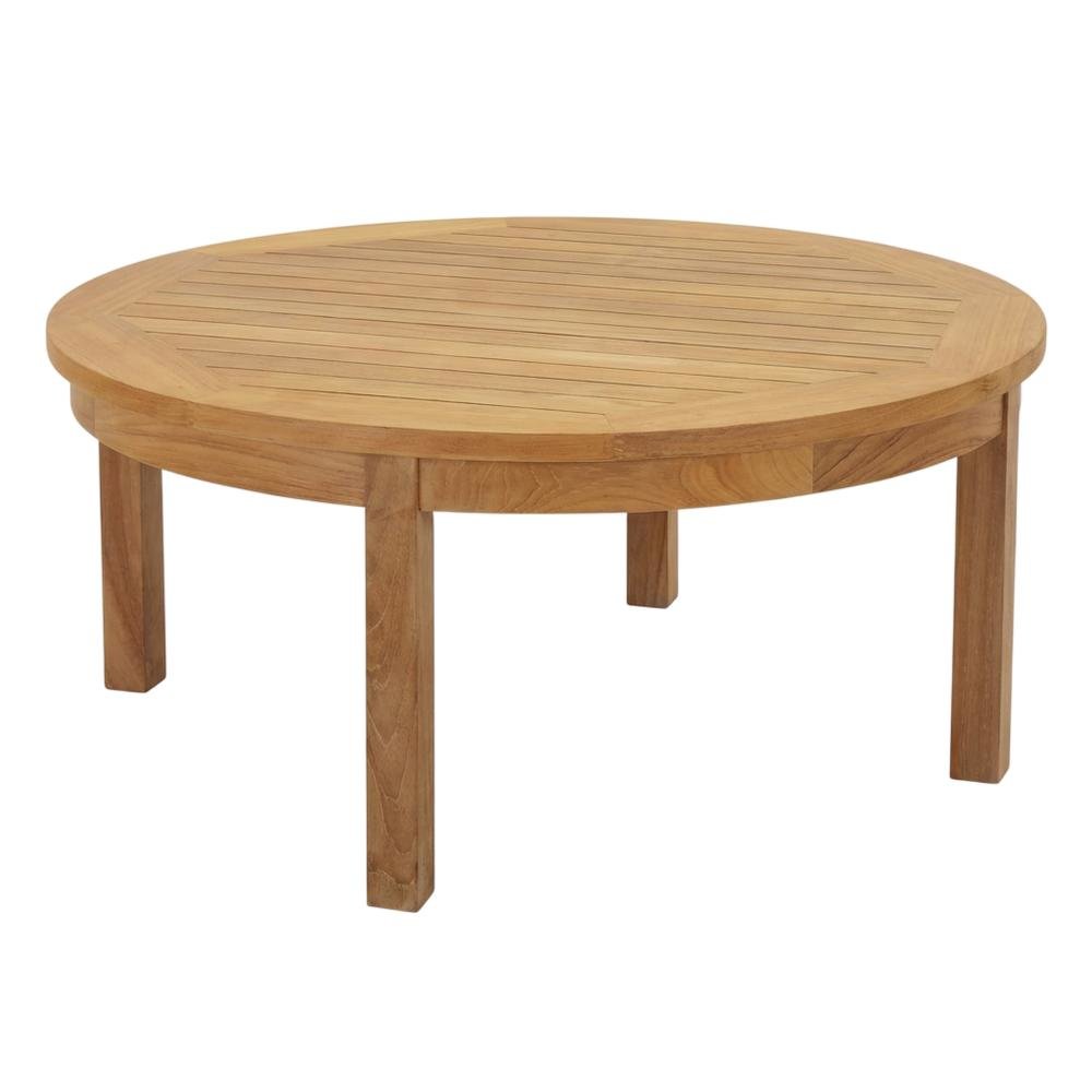 Teak Outdoor Coffee Table With Round Top And Rustic Finish. Picture 1
