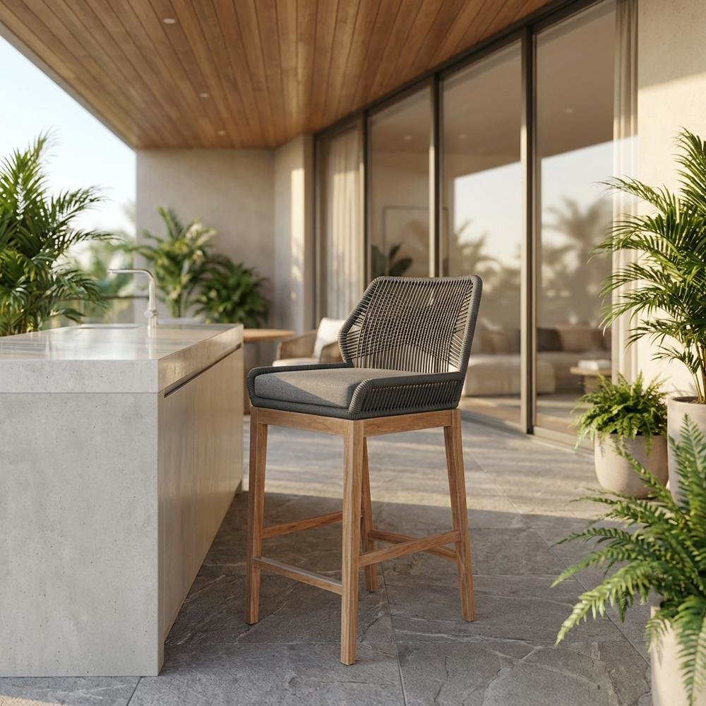 Teak Wood Outdoor Bar Stool With Footrest For Patio Dining. Picture 2