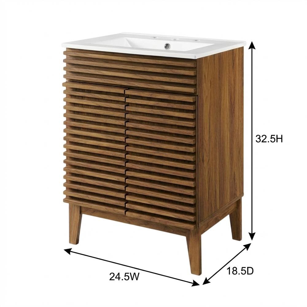Walnut White 24-Inch Floor-Mount Bathroom Vanity with Ceramic Sink. Picture 7