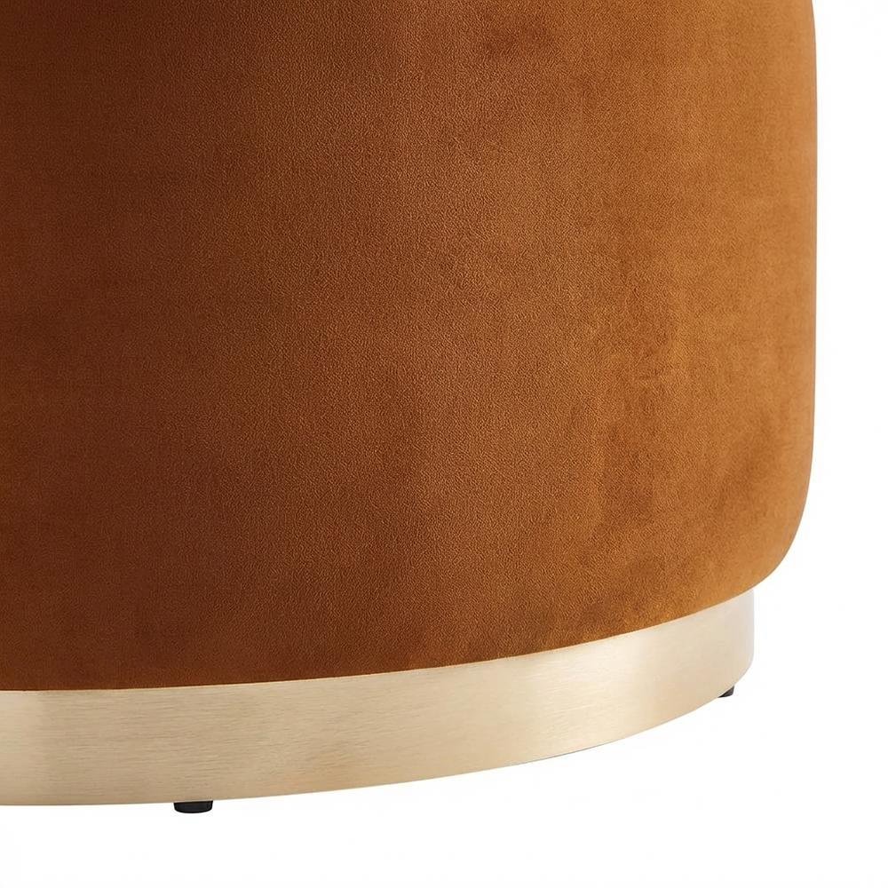 Performance velvet outdoor ottoman with round design and cushioned top. Picture 6