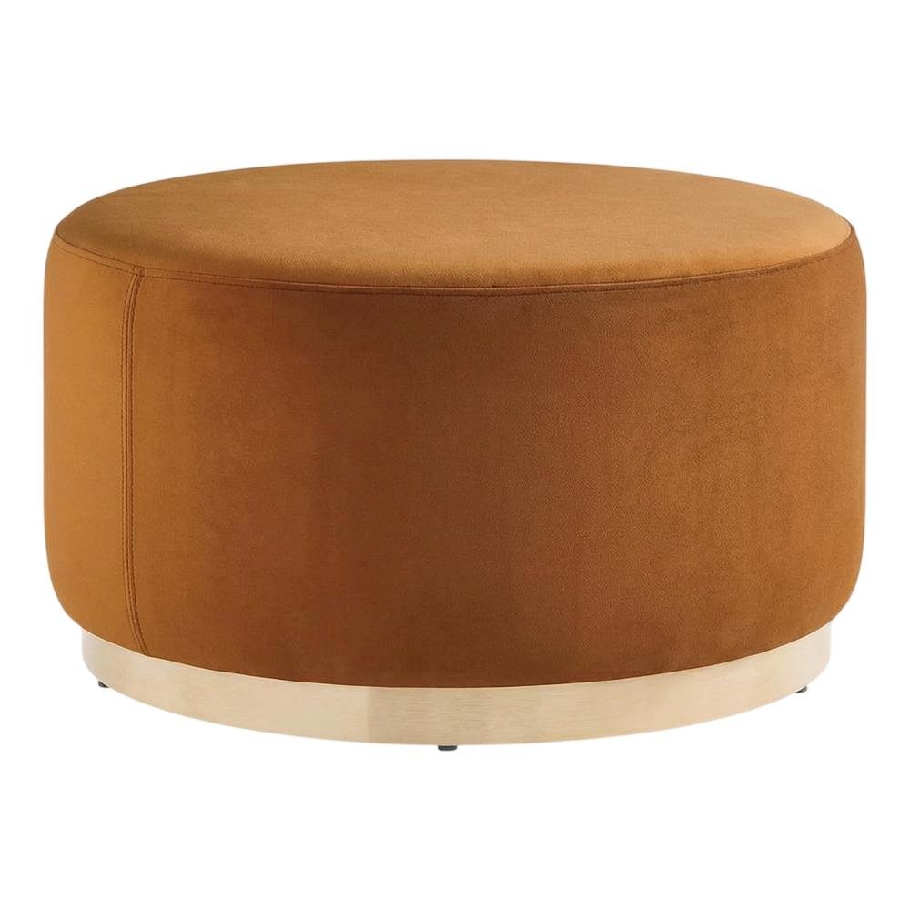 Performance velvet outdoor ottoman with round design and cushioned top. Picture 1