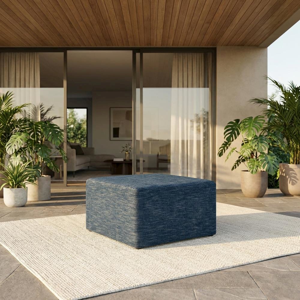Square Woven Heathered Fabric Ottoman with Cushioned Top for Outdoor Lounge. Picture 2