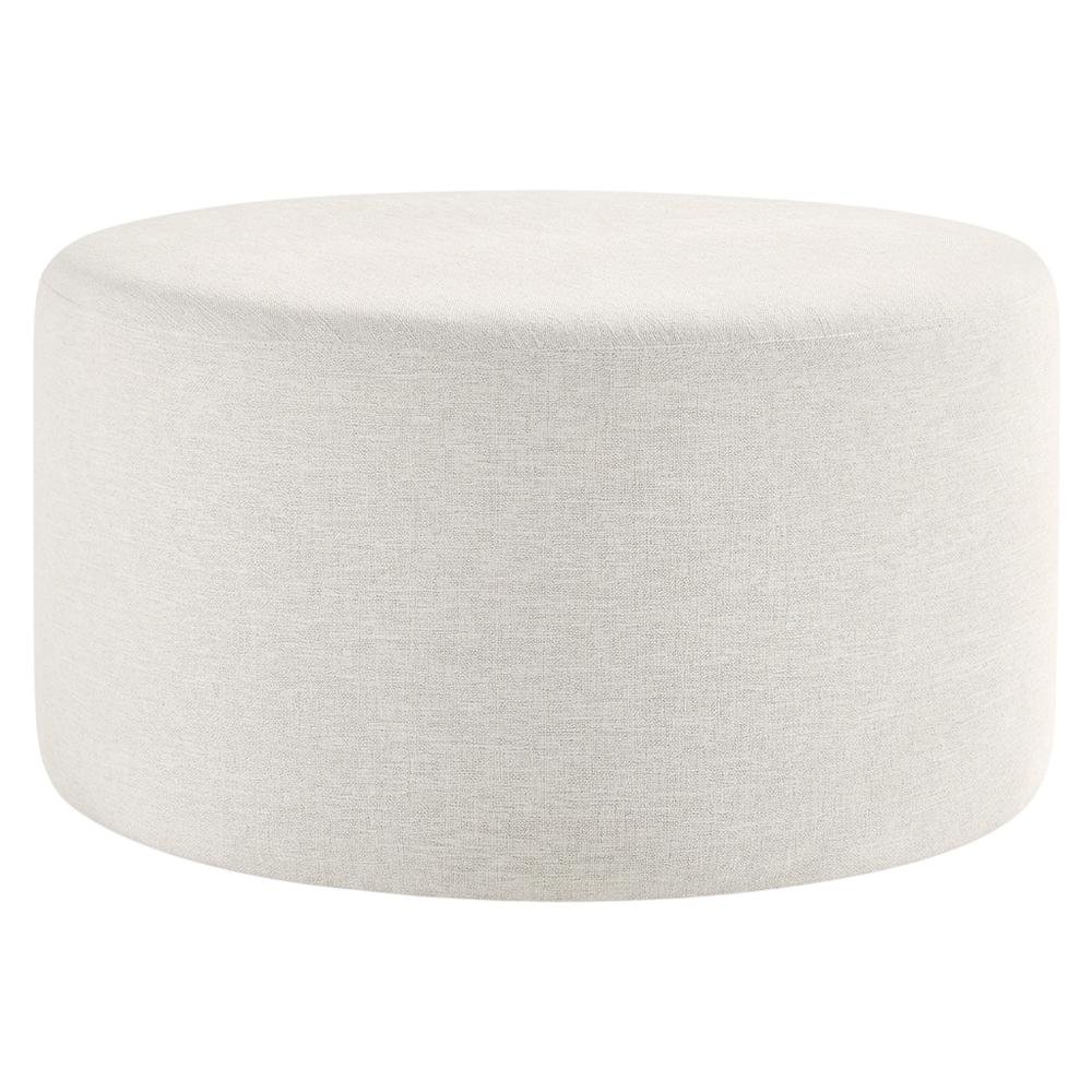 Round Heathered Fabric Upholstered Ottoman for Outdoor Spaces. Picture 4