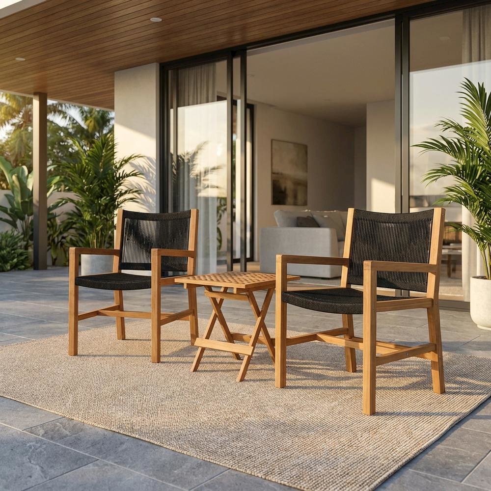 3-Piece Outdoor Patio Teak And Rope Armchair Set With Folding Side Table. Picture 2