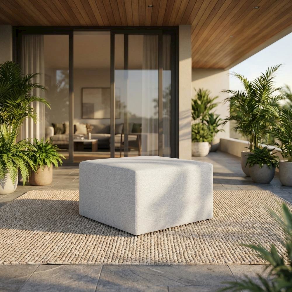 Square woven fabric ottoman with cushioned top, outdoor durable design. Picture 2