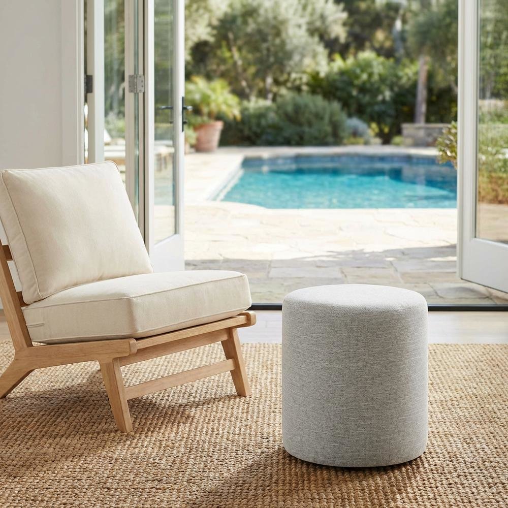 16" Round Heathered Fabric Upholstered Ottoman for Outdoor Living. Picture 3