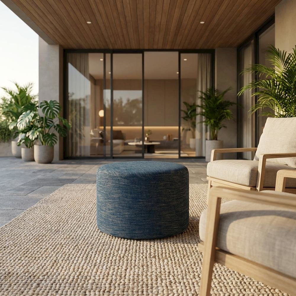 Round Woven Heathered Fabric Ottoman with Cushioned Top for Outdoor Lounge. Picture 2