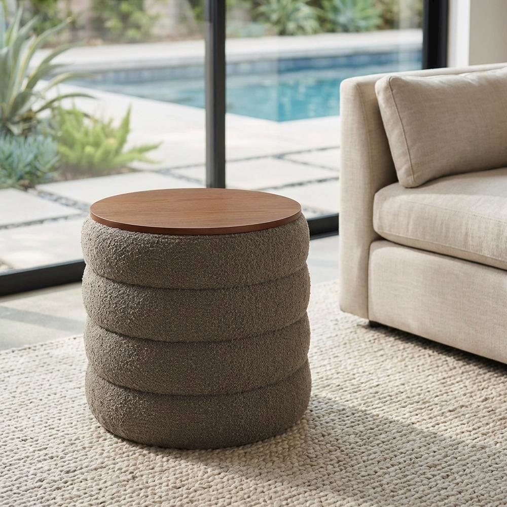 Round Boucle Fabric Storage Ottoman in Neutral Color for Indoor or Outdoor Use. Picture 3
