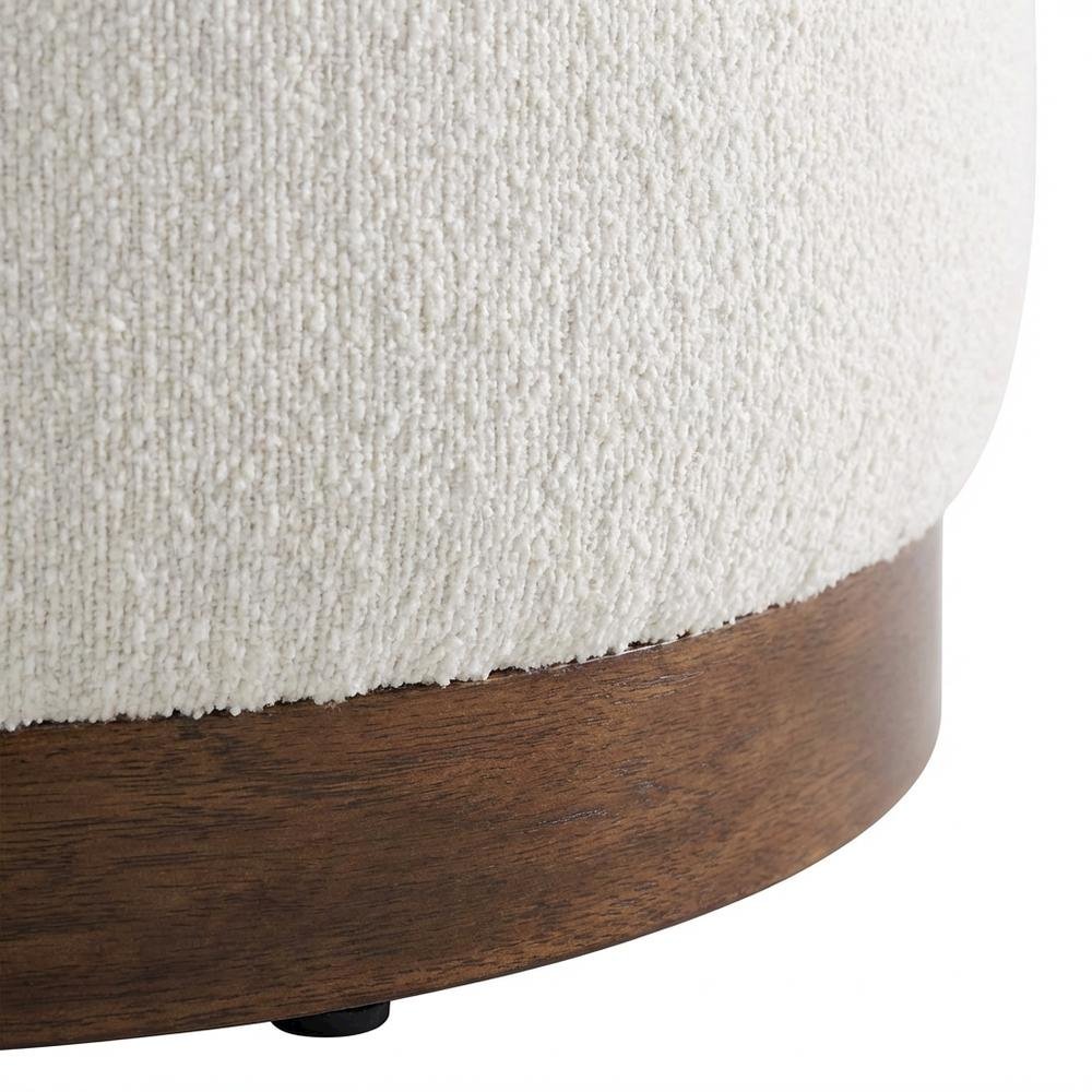 Dark beige boucle upholstered outdoor ottoman, versatile design, compact size. Picture 6