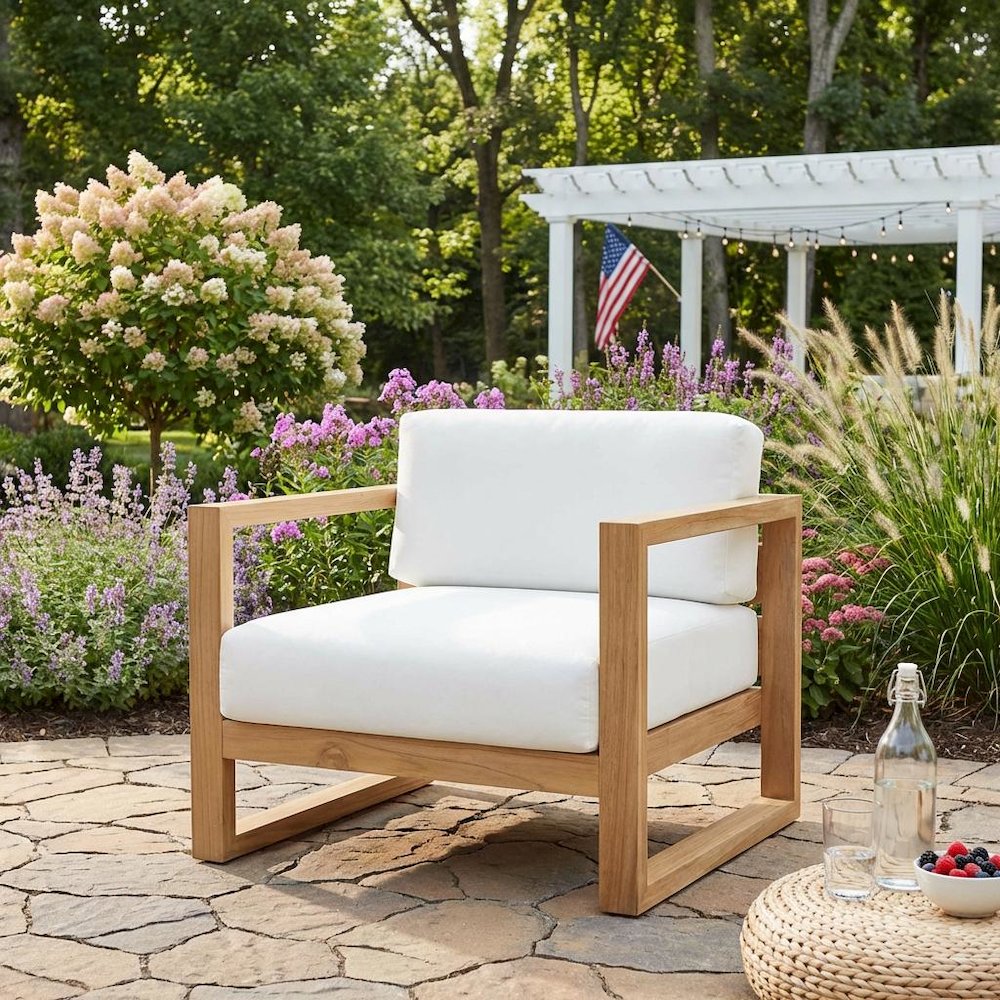 Teak Outdoor Lounge Armchair With Cushioned Seat And Armrests. Picture 3