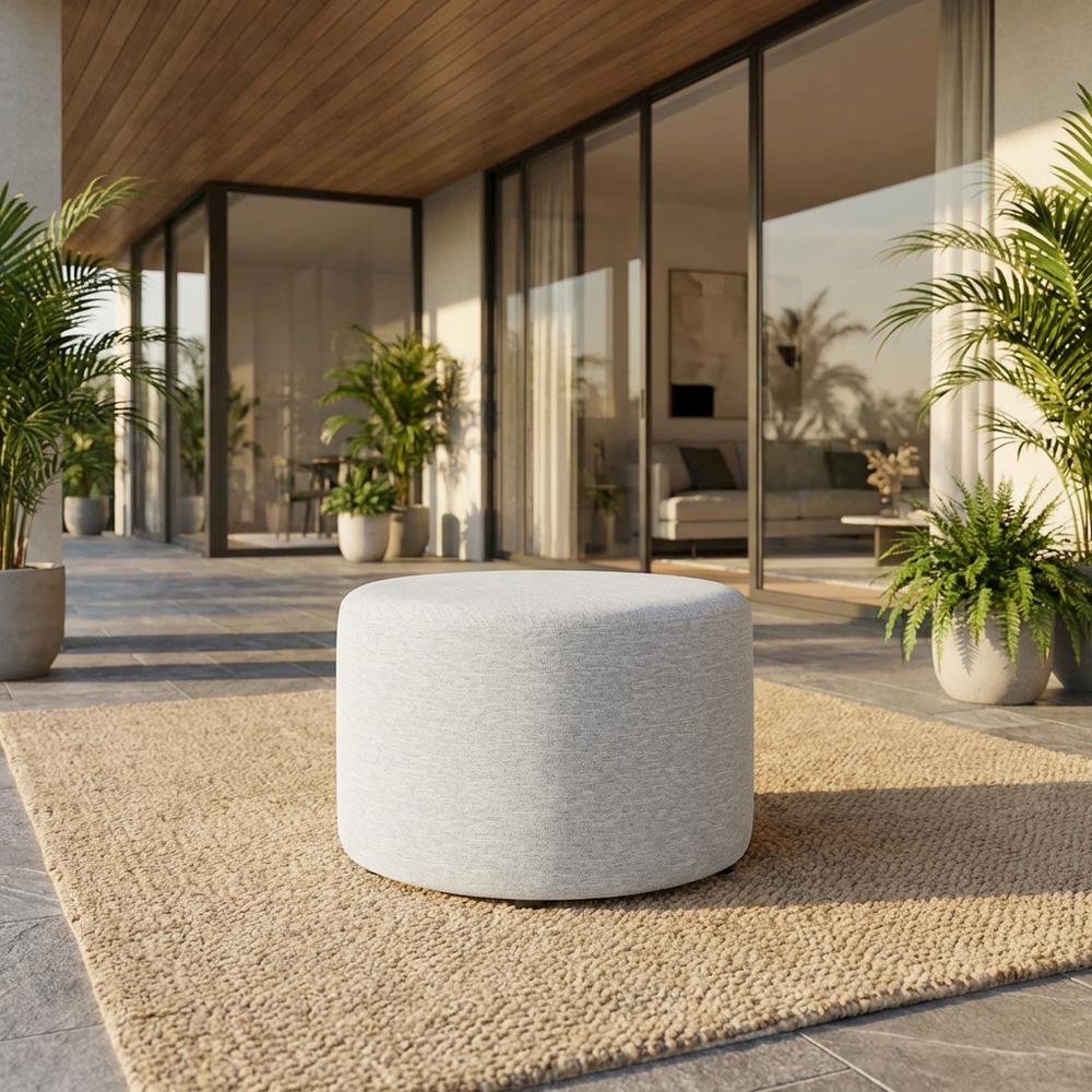 Round Heathered Fabric Upholstered Ottoman, neutral tones, comfortable seating. Picture 2