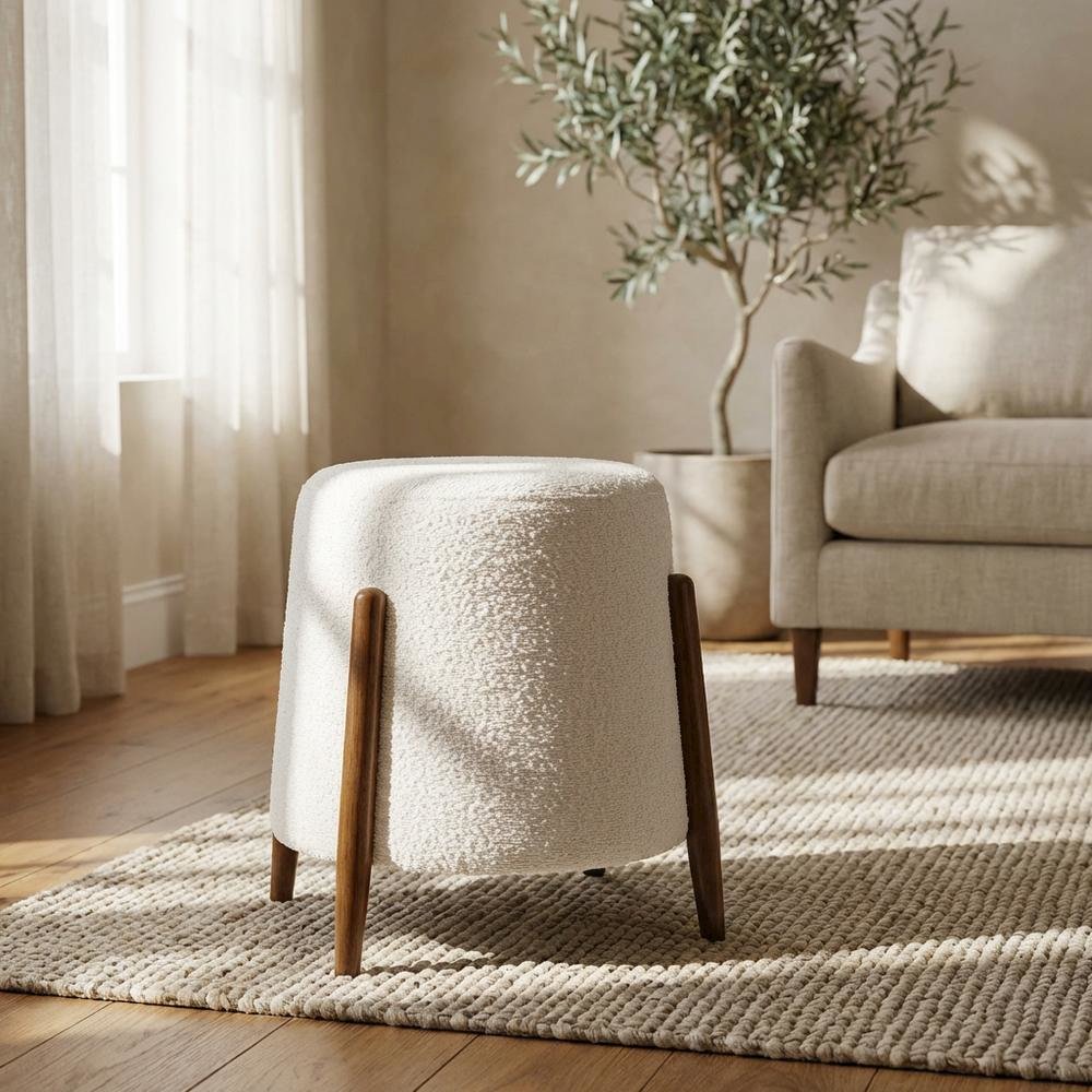 Outdoor ottoman with upholstered boucle fabric, stylish seat, square design. Picture 3