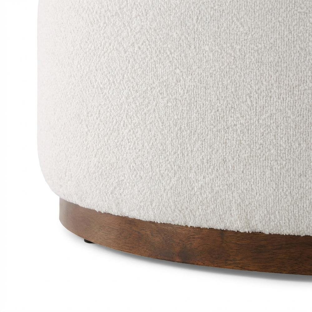 Round boucle upholstered outdoor ottoman with cushioned top, modern design. Picture 6
