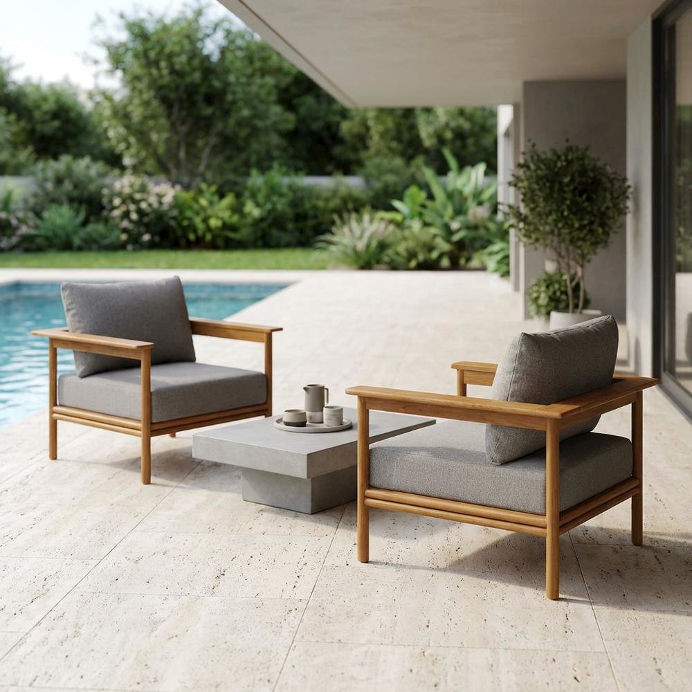 Outdoor Patio Teak Wood Armchair Set Of 2 With Durable Finish And Natural Look. Picture 3