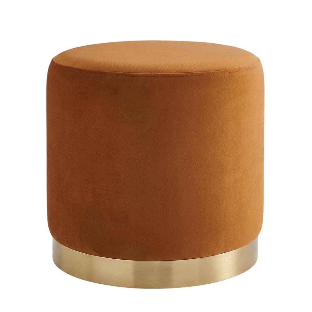 Performance velvet outdoor ottoman with round design and cushioned top. Picture 4