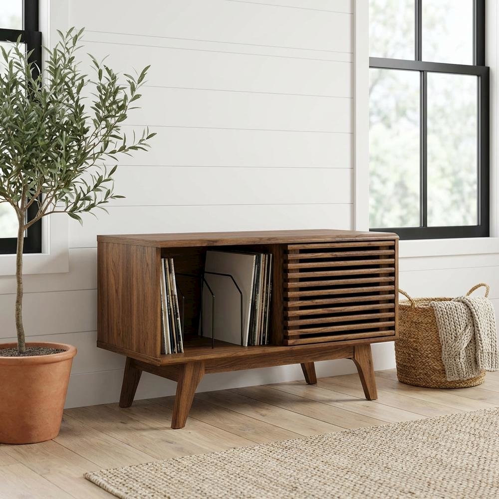 Wood vinyl record display stand in warm brown finish with spacious shelf. Picture 2