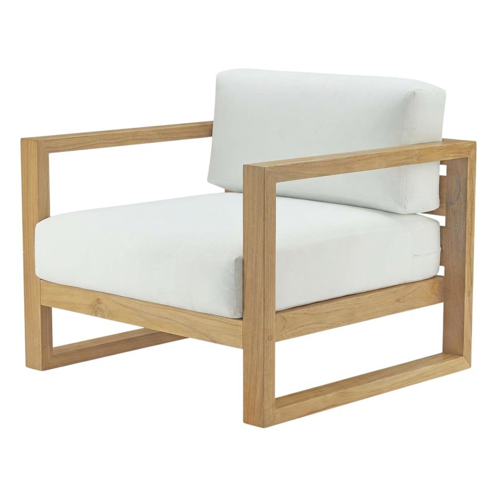 Teak Outdoor Lounge Armchair With Cushioned Seat And Armrests. Picture 1