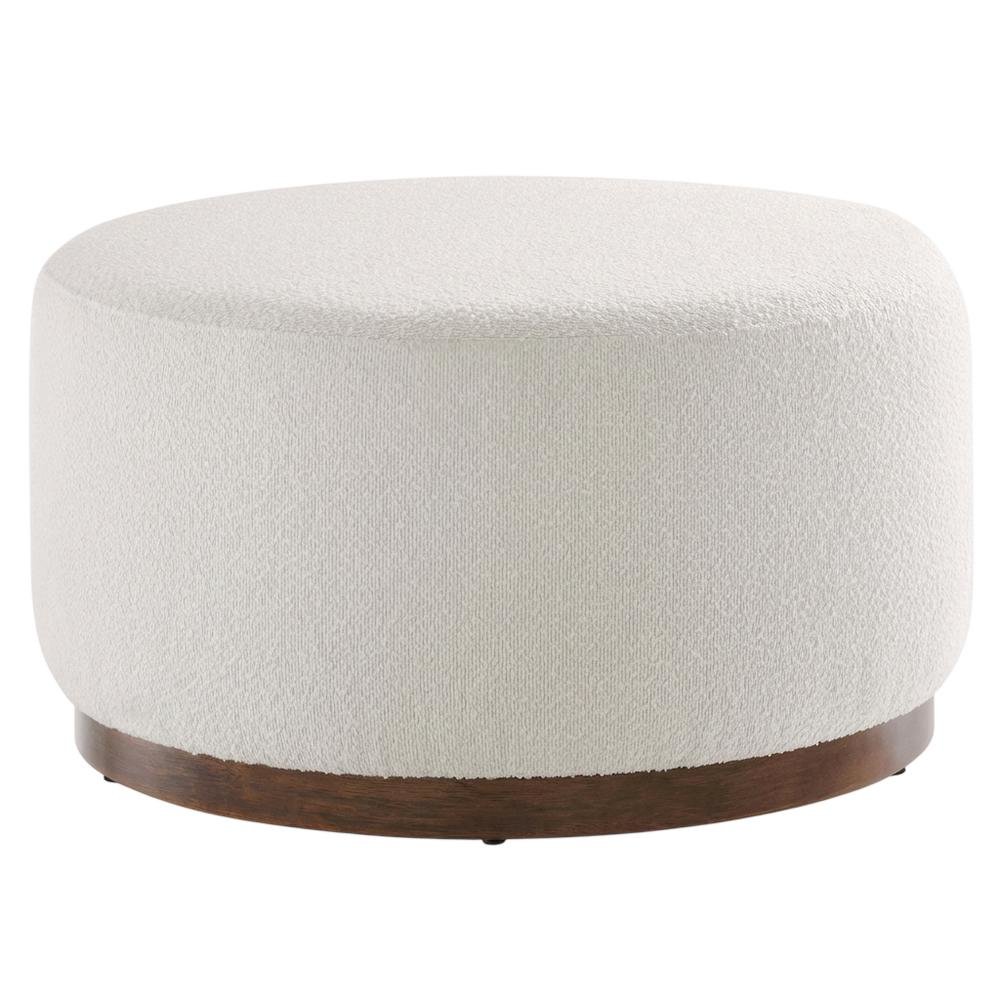 Dark beige boucle upholstered outdoor ottoman, versatile design, compact size. Picture 1