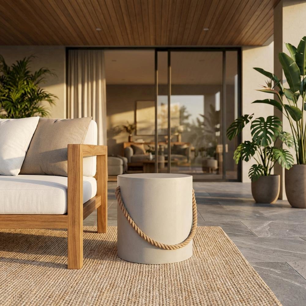 Concrete Side Table With Rope Detail For Indoor And Outdoor Use. Picture 2