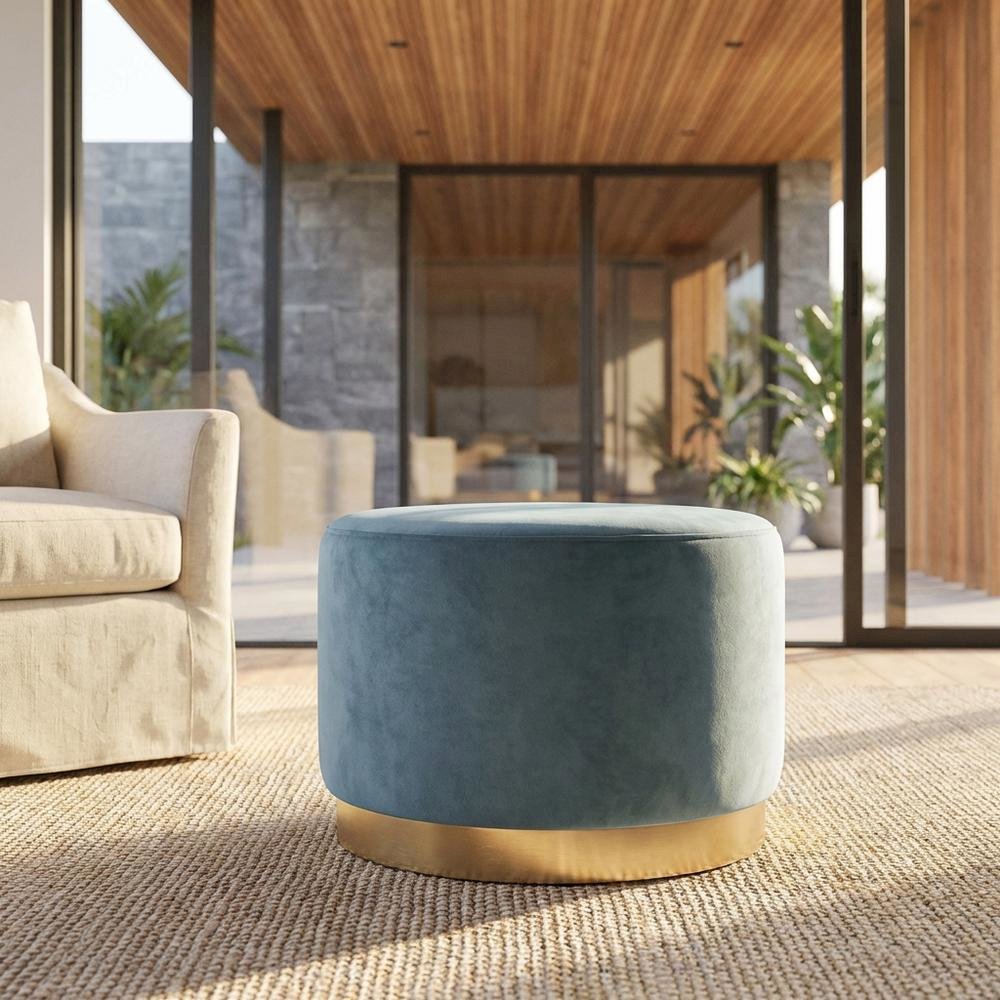 Round performance velvet ottoman with plush upholstery and versatile design. Picture 2
