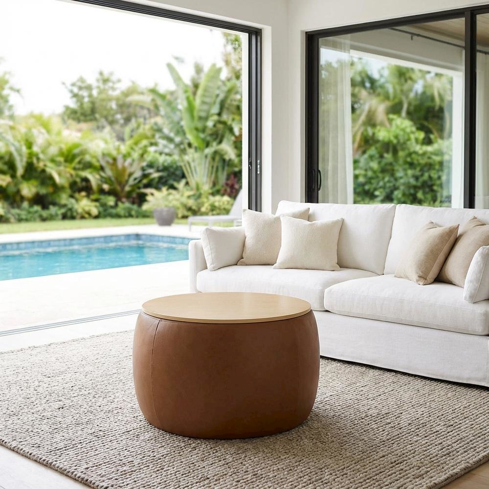 Vegan Leather Storage Ottoman, Neutral Color with Spacious Seat, Durable. Picture 3