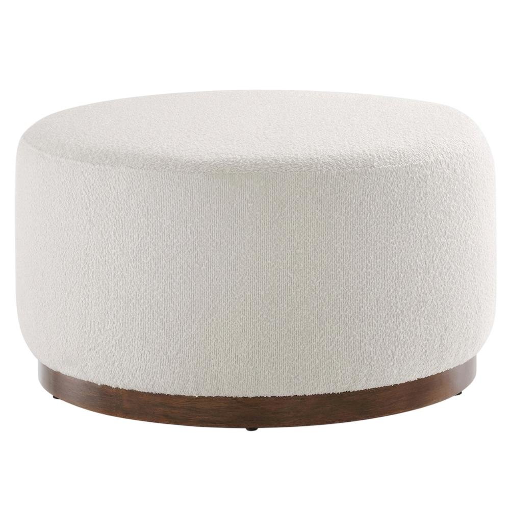 Dark beige boucle upholstered outdoor ottoman, versatile design, compact size. Picture 4
