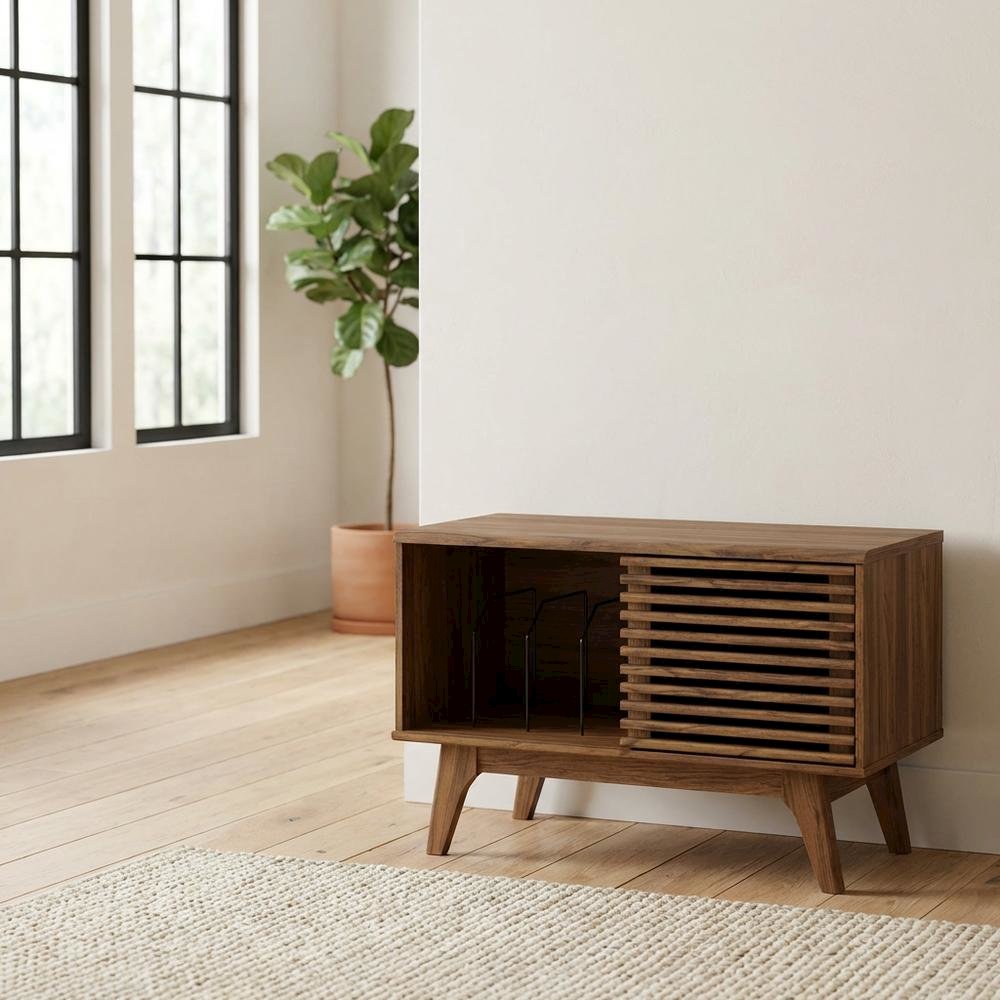 Wood vinyl record display stand in warm brown finish with spacious shelf. Picture 3