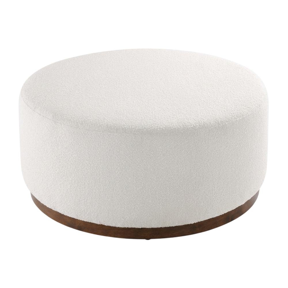 Round boucle upholstered outdoor ottoman with cushioned top, modern design. Picture 1