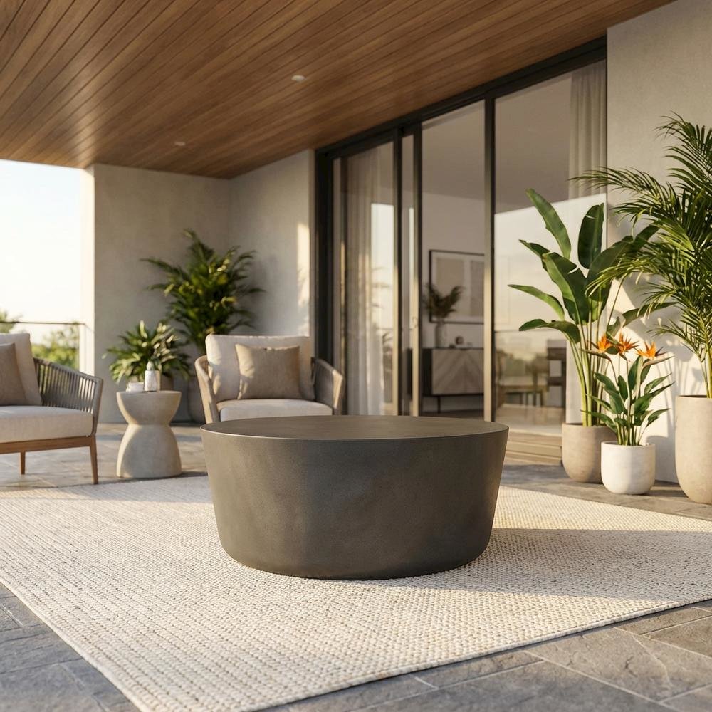 Round Concrete Outdoor Coffee Table, Weather-Resistant Design, Spacious Surface. Picture 2