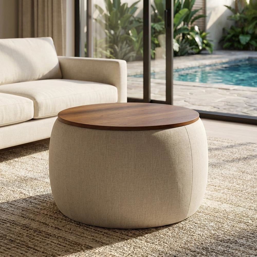 Woven Heathered Fabric Upholstered Storage Ottoman, Neutral Tone for Living Room. Picture 3