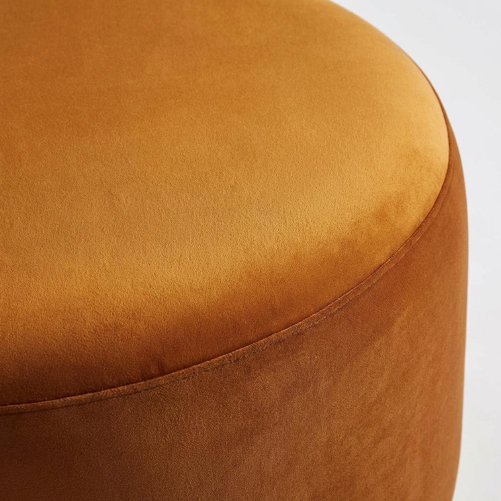 Performance velvet outdoor ottoman with round design and cushioned top. Picture 5