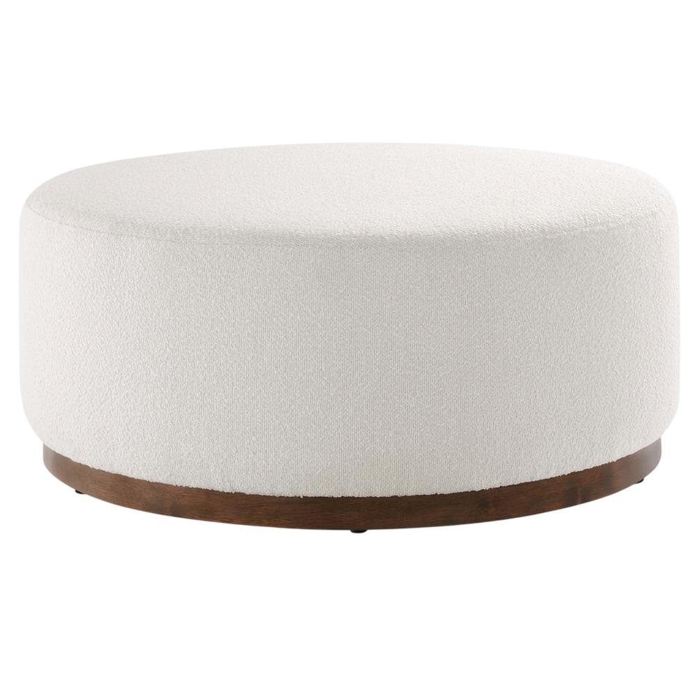 Round boucle upholstered outdoor ottoman with cushioned top, modern design. Picture 4