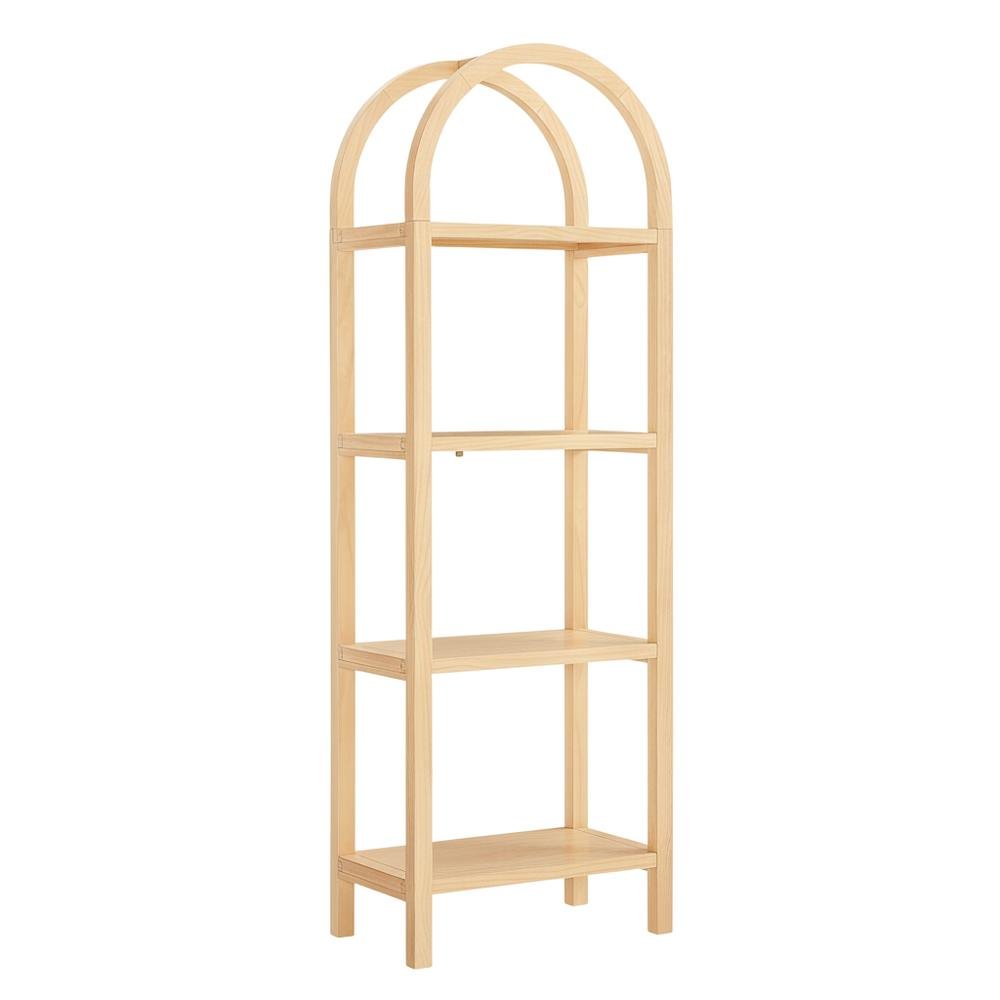Brown engineered wood arched bookshelf with storage shelves and narrow design. Picture 4