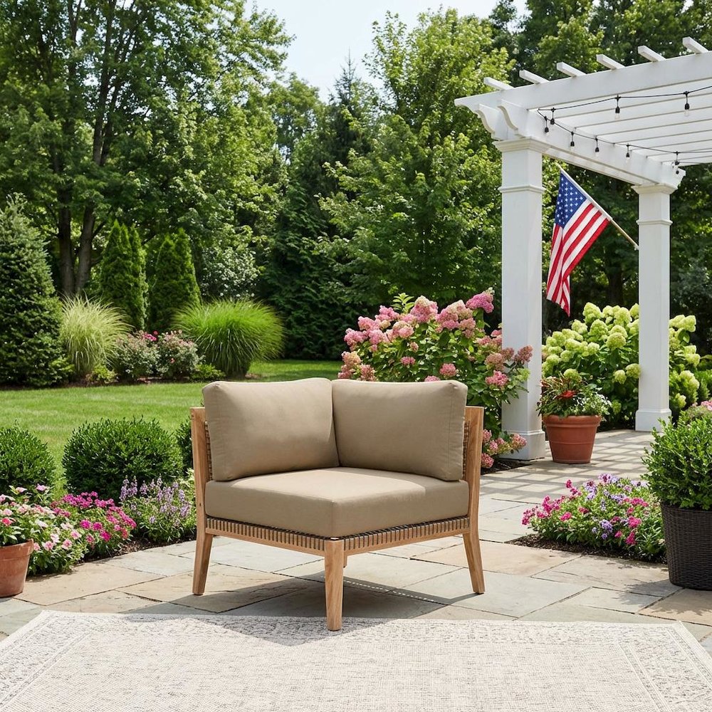 Outdoor Lounge Chair With Teak Wood Frame And Comfortable Seat. Picture 3